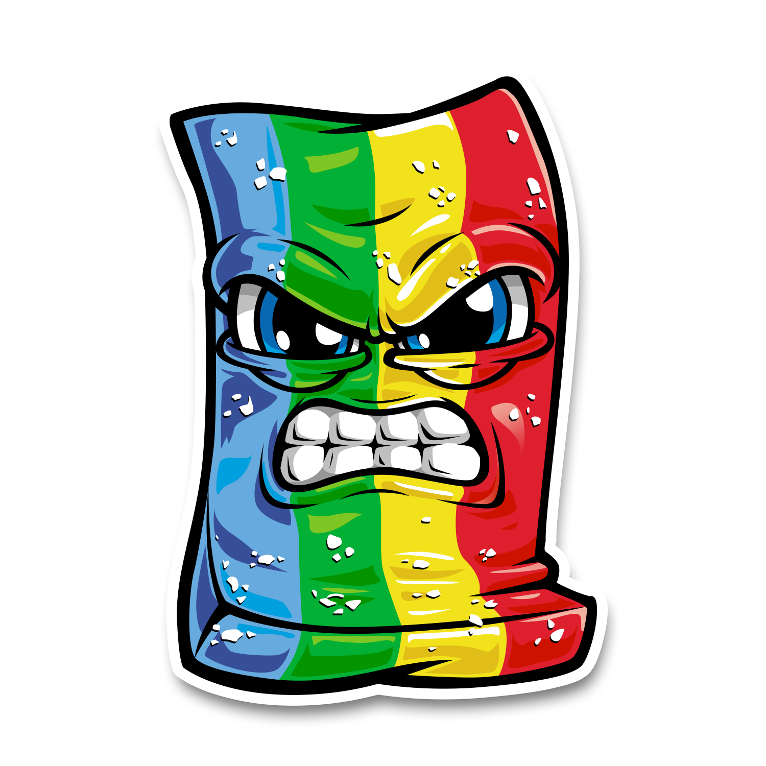 Illustration of a multicolored rectangular character with an angry expression. The character has clenched teeth, furrowed brows, and glaring eyes. Its body is divided into red, yellow, green, and blue vertical sections with small white dots scattered across.