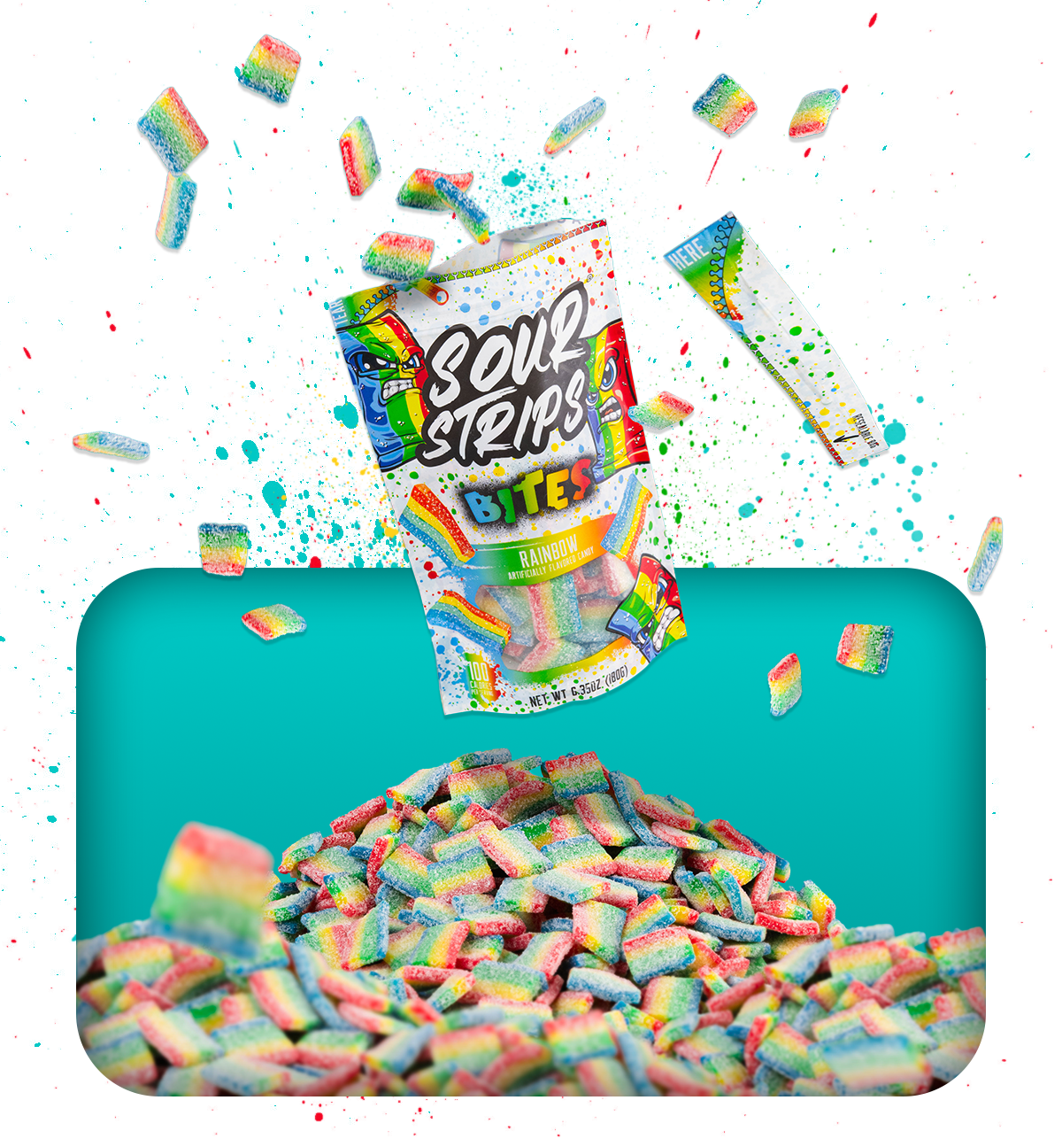 A colorful package of Sour Strips Bites Rainbow flavor hovers above a pile of rainbow-colored candy strips. Brightly colored candy pieces float around the package, creating a vibrant and energetic scene against a teal background.