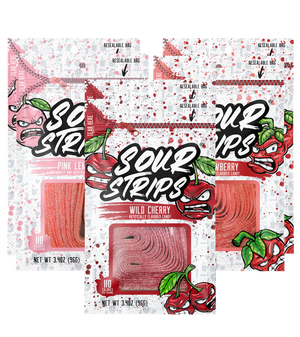 6 bags of assorted flavors of Sour Strips candy including Wild Cherry, Pink Lemonade, and strawberry, each weighing 3.4 ounces (96 grams). The vibrant design for each flavor mentioned, features a color cartoon character of that flavor on a speckled white and colored background that represents the flavor. These sour treats come in resealable bags for your convenience.