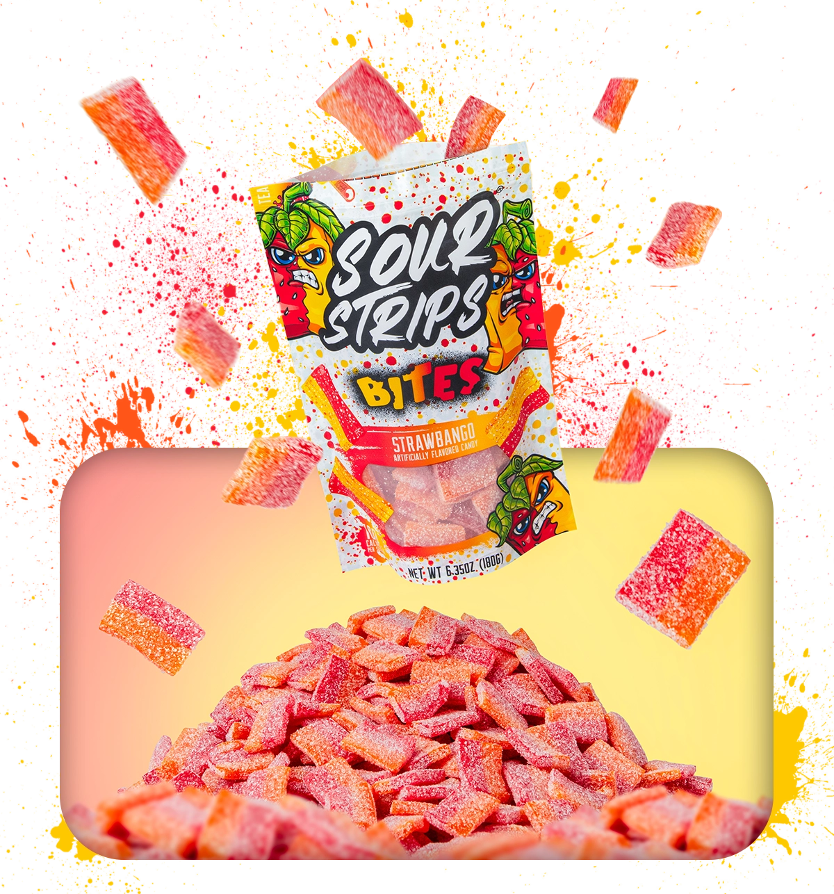 A prominently displayed package of Sour Strips Bites-Four Pack, now featuring an exciting Rainbow flavor from the Sour Strips brand, stands at the center with vibrant, pixelated graphics bursting in the background. Below and around the package lie heaps of bite-sized, sugar-coated candies, highlighting a burst of flavor.