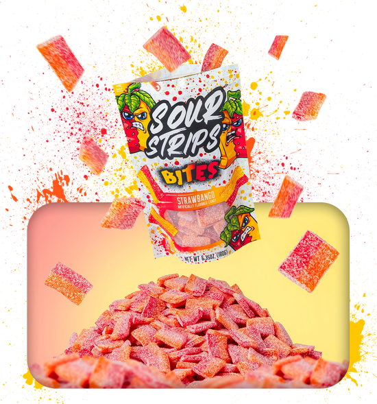 A prominently displayed package of Sour Strips Bites-Four Pack, now featuring an exciting Rainbow flavor from the Sour Strips brand, stands at the center with vibrant, pixelated graphics bursting in the background. Below and around the package lie heaps of bite-sized, sugar-coated candies, highlighting a burst of flavor.