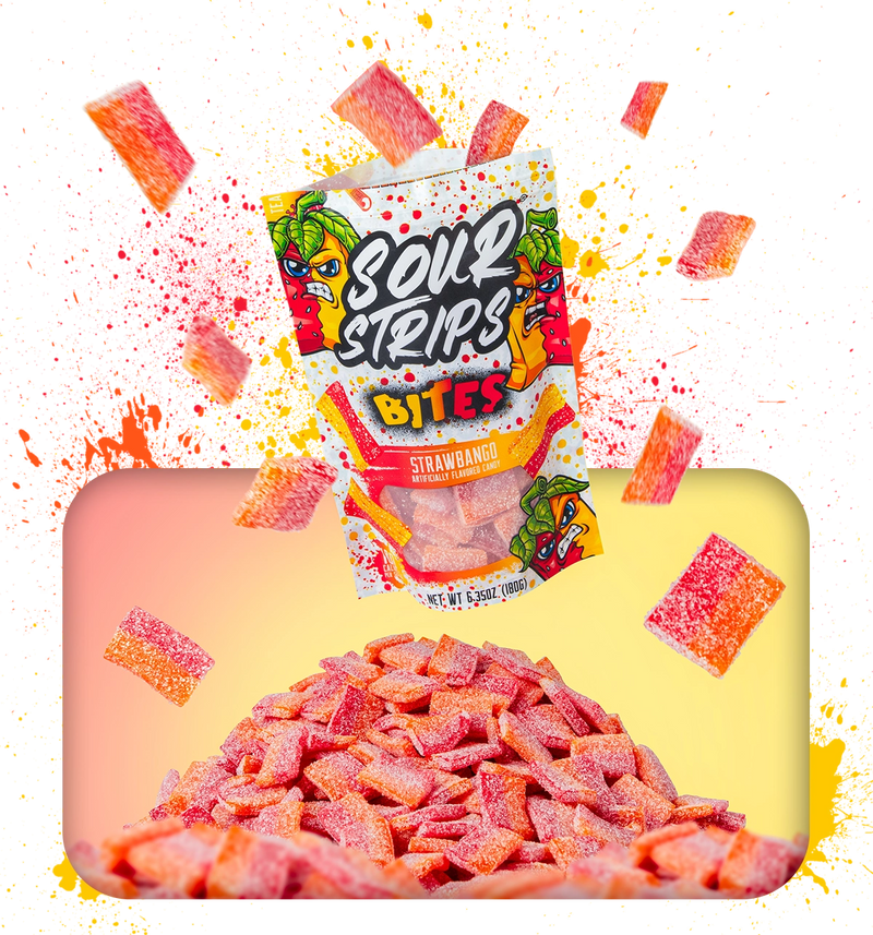 A prominently displayed package of Sour Strips Bites-Four Pack, now featuring an exciting Rainbow flavor from the Sour Strips brand, stands at the center with vibrant, pixelated graphics bursting in the background. Below and around the package lie heaps of bite-sized, sugar-coated candies, highlighting a burst of flavor.