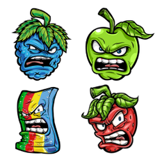 Four cartoon-styled angry fruits: a blue berry with green leaves, a green apple with a leaf, a multicolored striped candy, and a red strawberry with leaves. All have fierce expressions and veins popping on a black background.