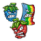Three animated sour candy characters are depicted with angry expressions. The blue and red characters resemble raspberries and strawberries with leaves on top, while the multicolored character is a rectangular strip. They all have furrowed brows and clenched teeth.