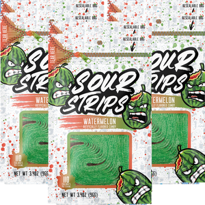 Image of three packages from the Watermelon-Six Pack by SourStrips, featuring watermelon-flavored candy. Each resealable bag showcases animated, angry-faced green watermelons and is adorned with colorful speckles. The net weight of each package is 3.4 oz (96 g), and the extremely sour candy can be seen through a clear window.