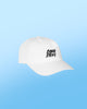 White hat with Sour Strips logo on front center of hat in white black color. Hat is on a blue background 