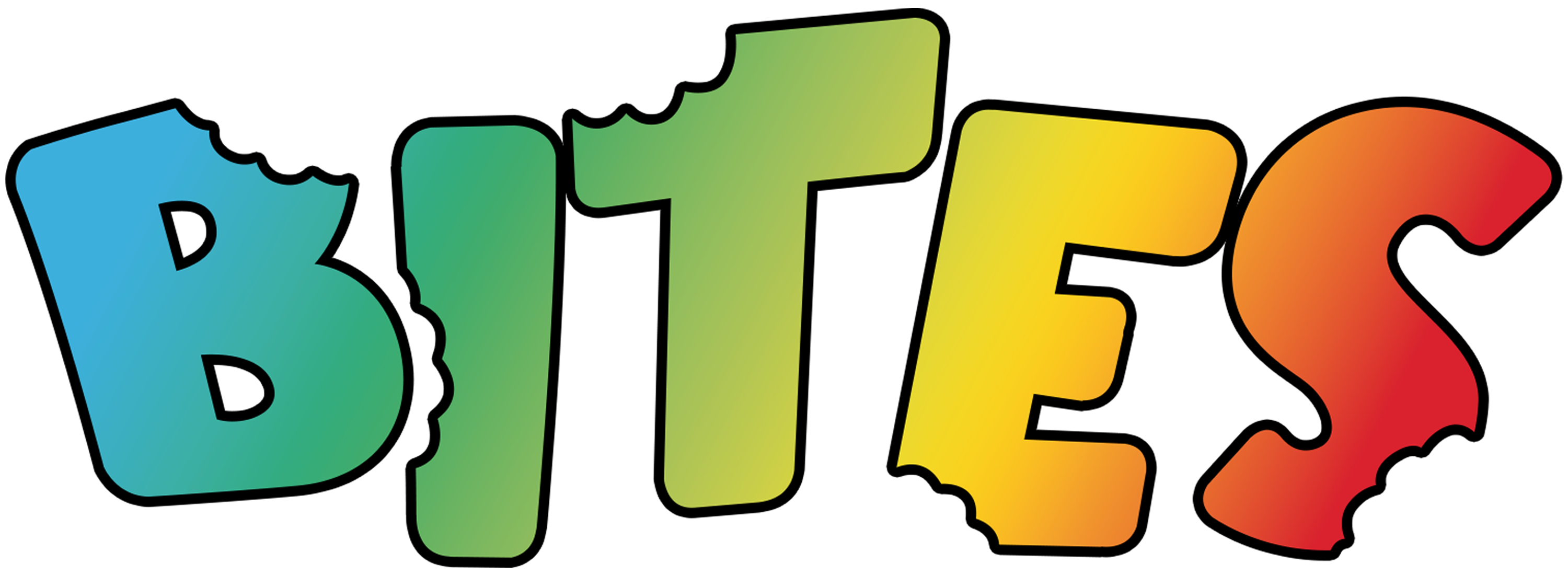 The word "BITES" is displayed in large, playful, colorful letters transitioning from blue to green to yellow to red, with bite marks taken out of the tops and bottoms of the letters.