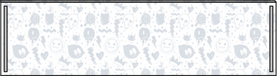 A grayscale banner featuring a repeating pattern of whimsical and spooky elements, including skulls, hearts, lightning bolts, crowns, and various other shapes. The edges are bordered by simple, bold black lines.