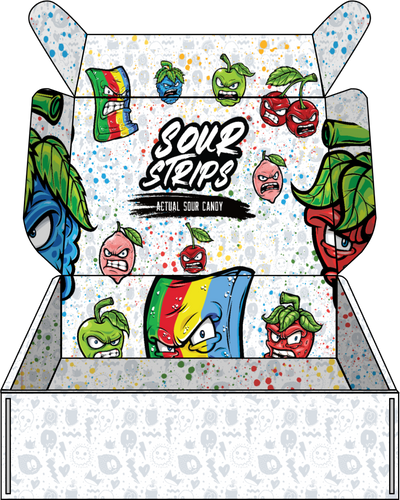 An open white box featuring colorful, cartoonish faces of various sour candy strips with exaggerated expressions. "Sour Strips: Actual Sour Candy" is printed in the center, surrounded by splattered, multicolored spots.