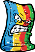 Illustrated image of an angry, colorful rectangular object, possibly a candy or character, with a fierce facial expression. The figure displays a mix of red, yellow, and blue hues, with exaggerated eyes and mouth, showing clenched teeth.