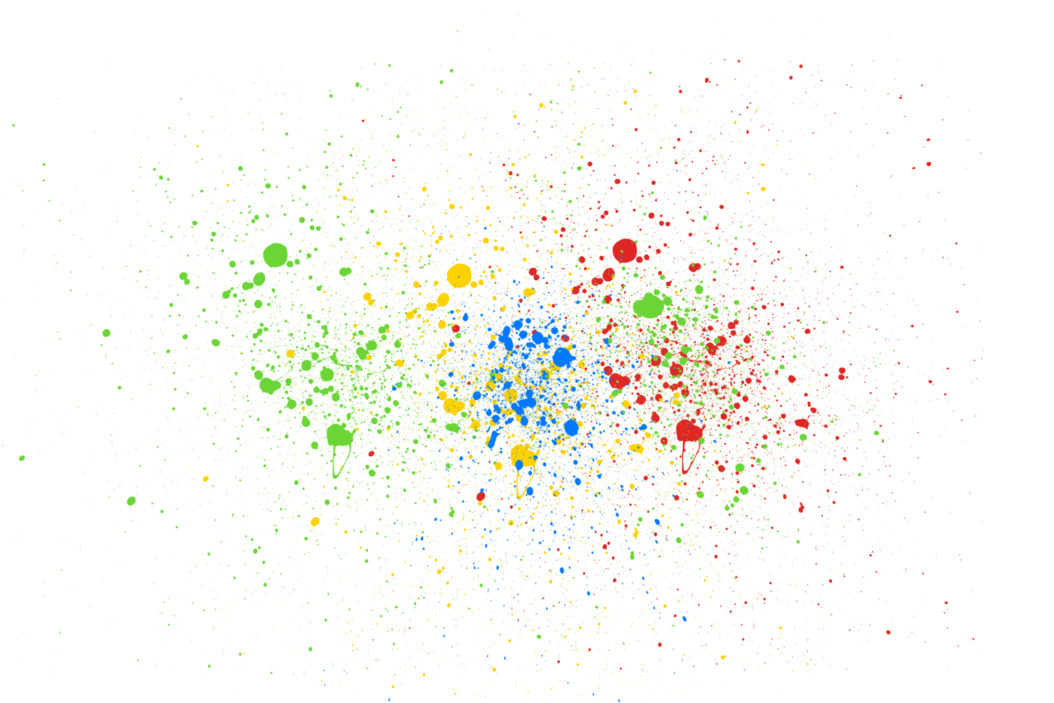 An abstract image featuring a burst of colorful paint splatters. Centered are vivid blue, green, red, and yellow splashes that radiate outward, creating a dynamic, energetic pattern against a white background.