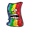 Illustrated image of an angry, colorful rectangular object, possibly a candy or character, with a fierce facial expression. The figure displays a mix of red, yellow, and blue hues, with exaggerated eyes and mouth, showing clenched teeth.