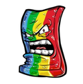 Illustrated image of an angry, colorful rectangular object, possibly a candy or character, with a fierce facial expression. The figure displays a mix of red, yellow, and blue hues, with exaggerated eyes and mouth, showing clenched teeth.